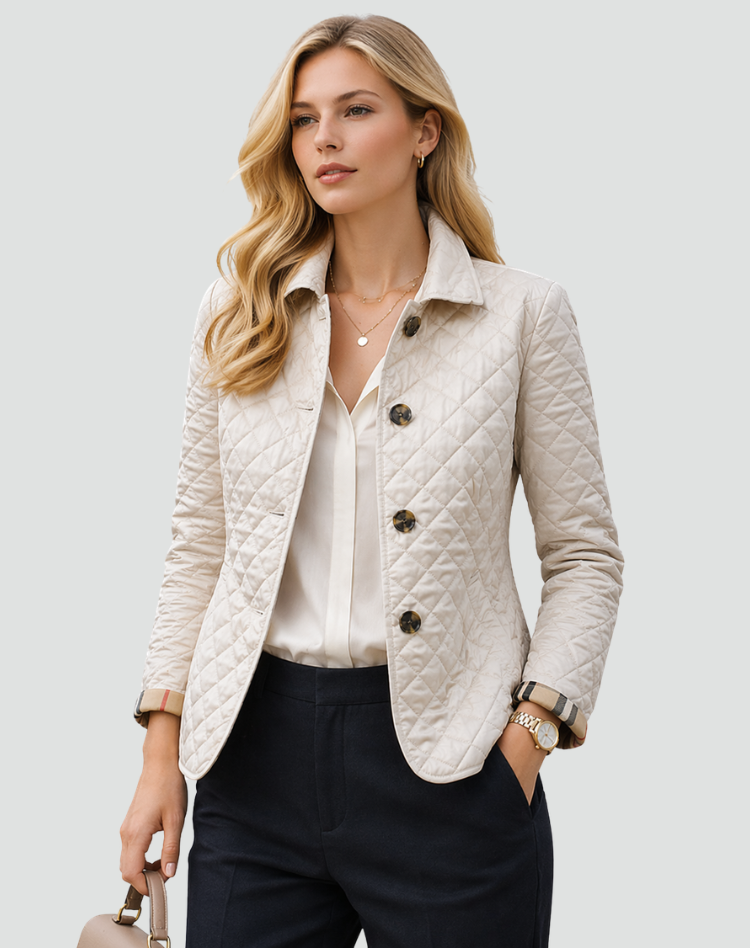 Liora | Women's Quilted Button Front Jacket with Check Trim