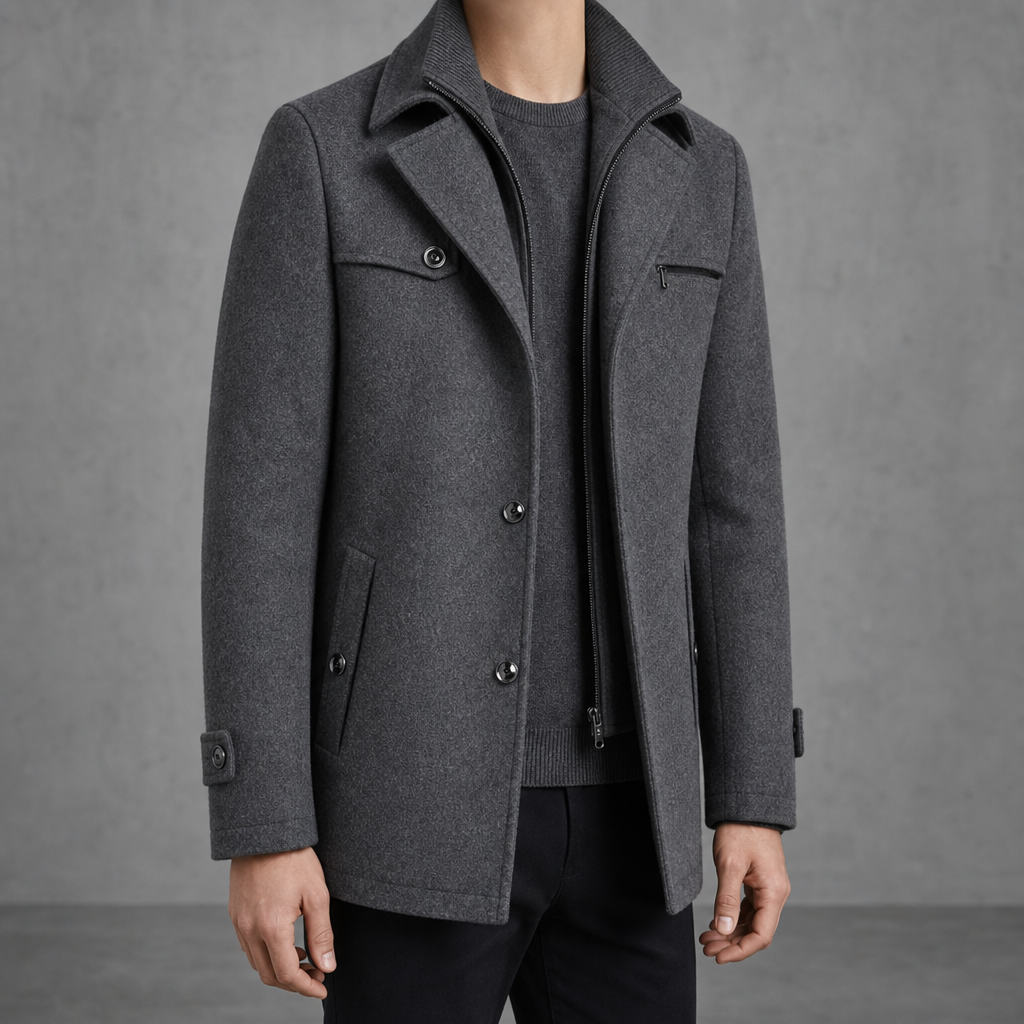Modica Mid-Length Wool Pea Coat in Black