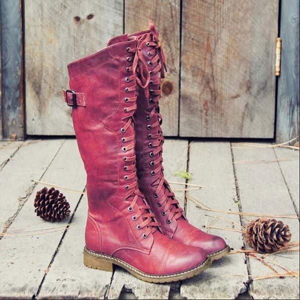 Fia | Women's Knee High Lace Up Boots with Buckle