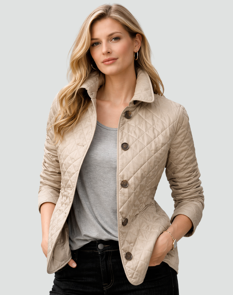 Liora | Women's Quilted Button Front Jacket with Check Trim