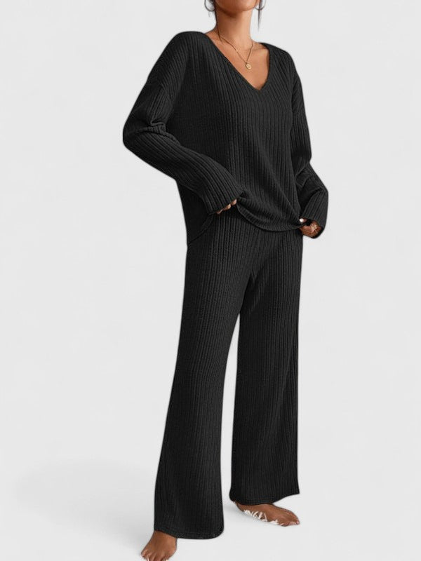 Women’s Ribbed Knit Lounge Set – V-Neck Top and Wide-Leg Trousers for Home and Casual Wear