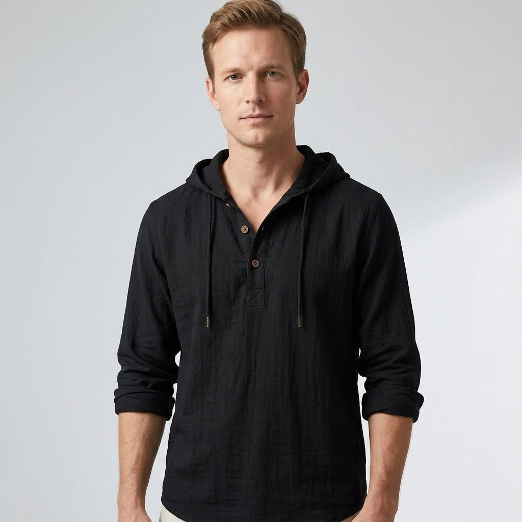Theo | Men's Hooded Henley Shirt with Drawstring