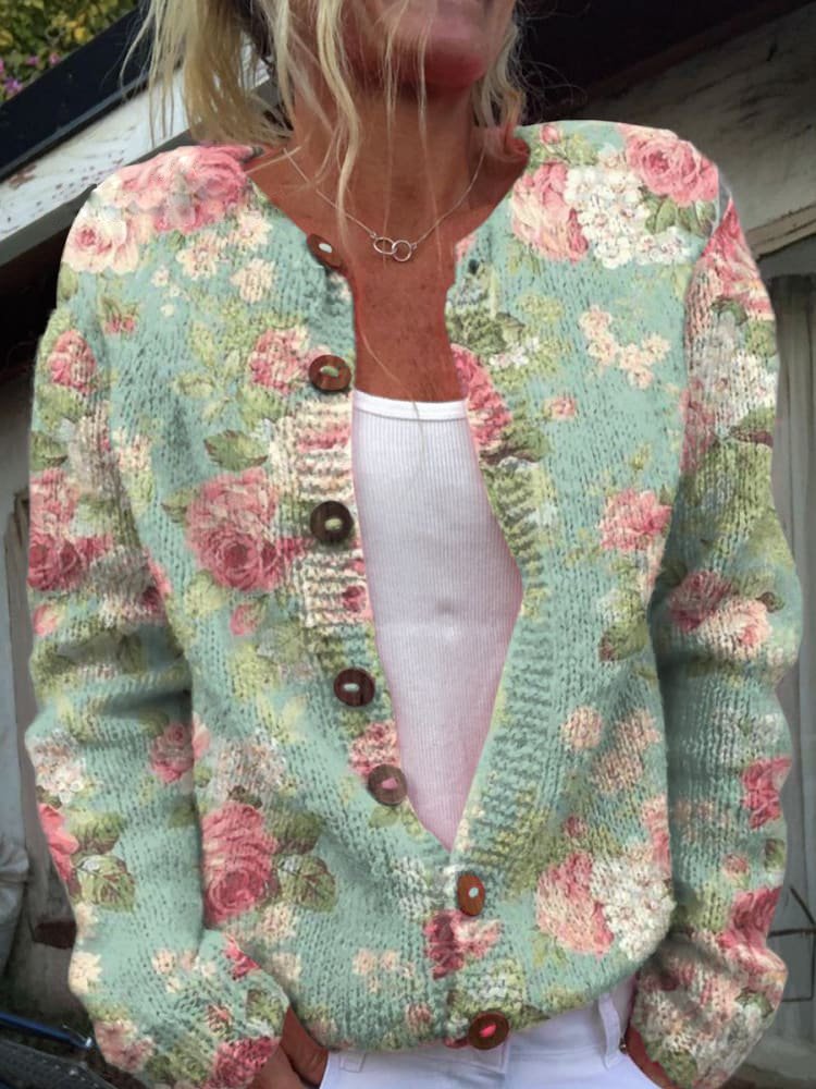 Women’s Printed Button Cardigan Long Sleeve Casual Knit