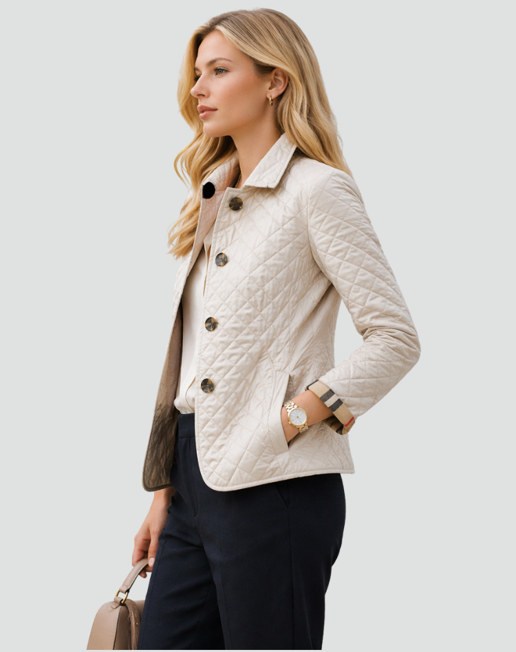 Liora | Women's Quilted Button Front Jacket with Check Trim