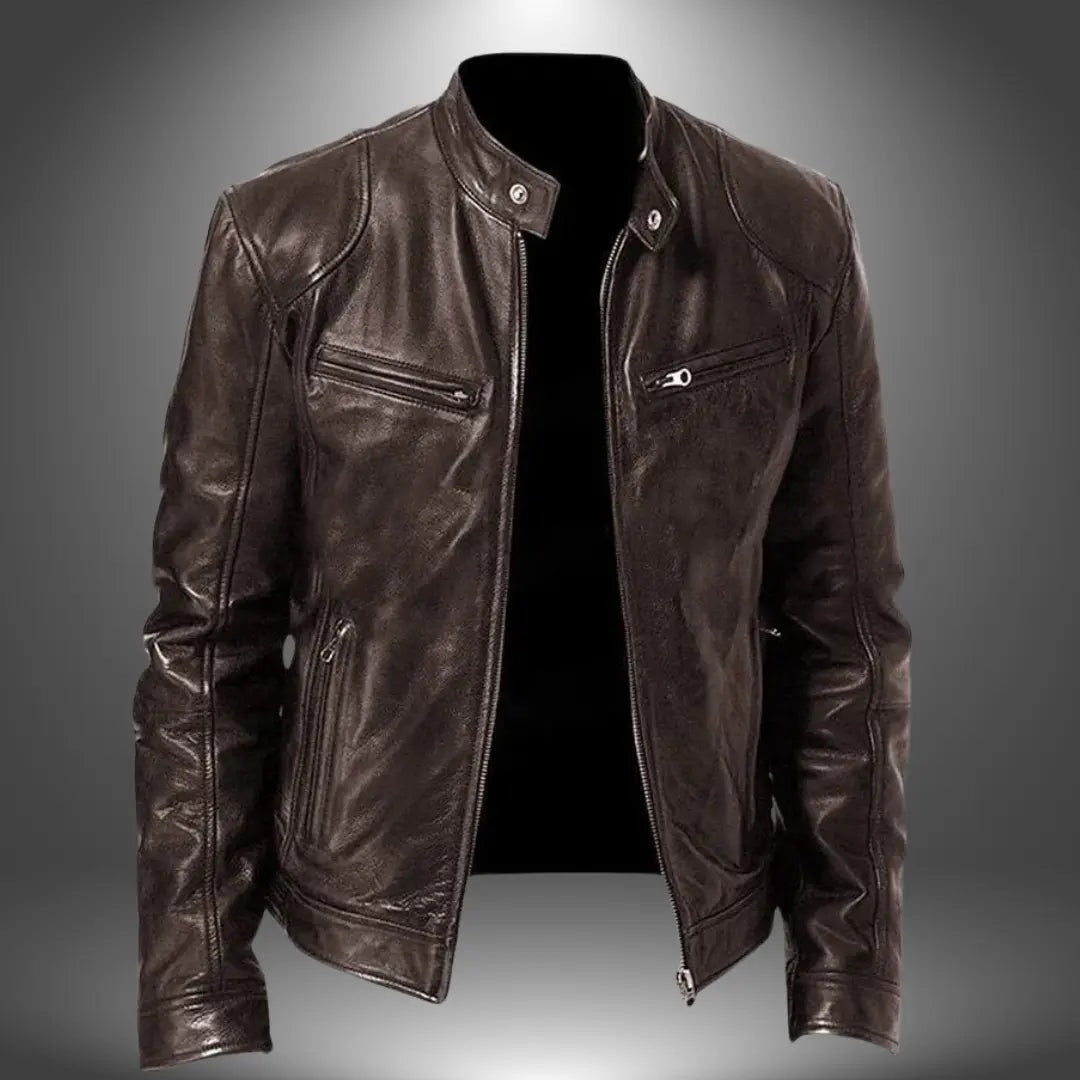 Harrington Oxford | Men’s Leather Biker Jacket – Zip-Up with Stand Collar and Pockets Harrington Oxford