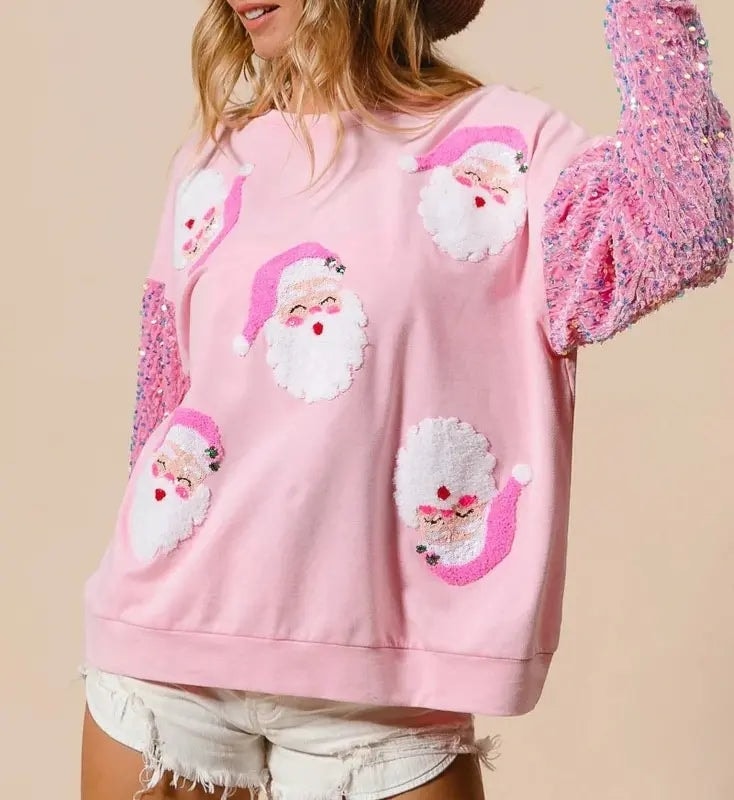 Hannah | Santa Print Sequin Sleeve Christmas Sweater