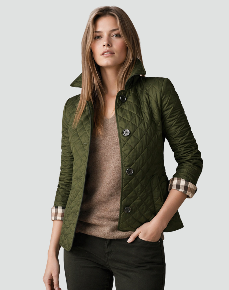 Liora | Women's Quilted Button Front Jacket with Check Trim