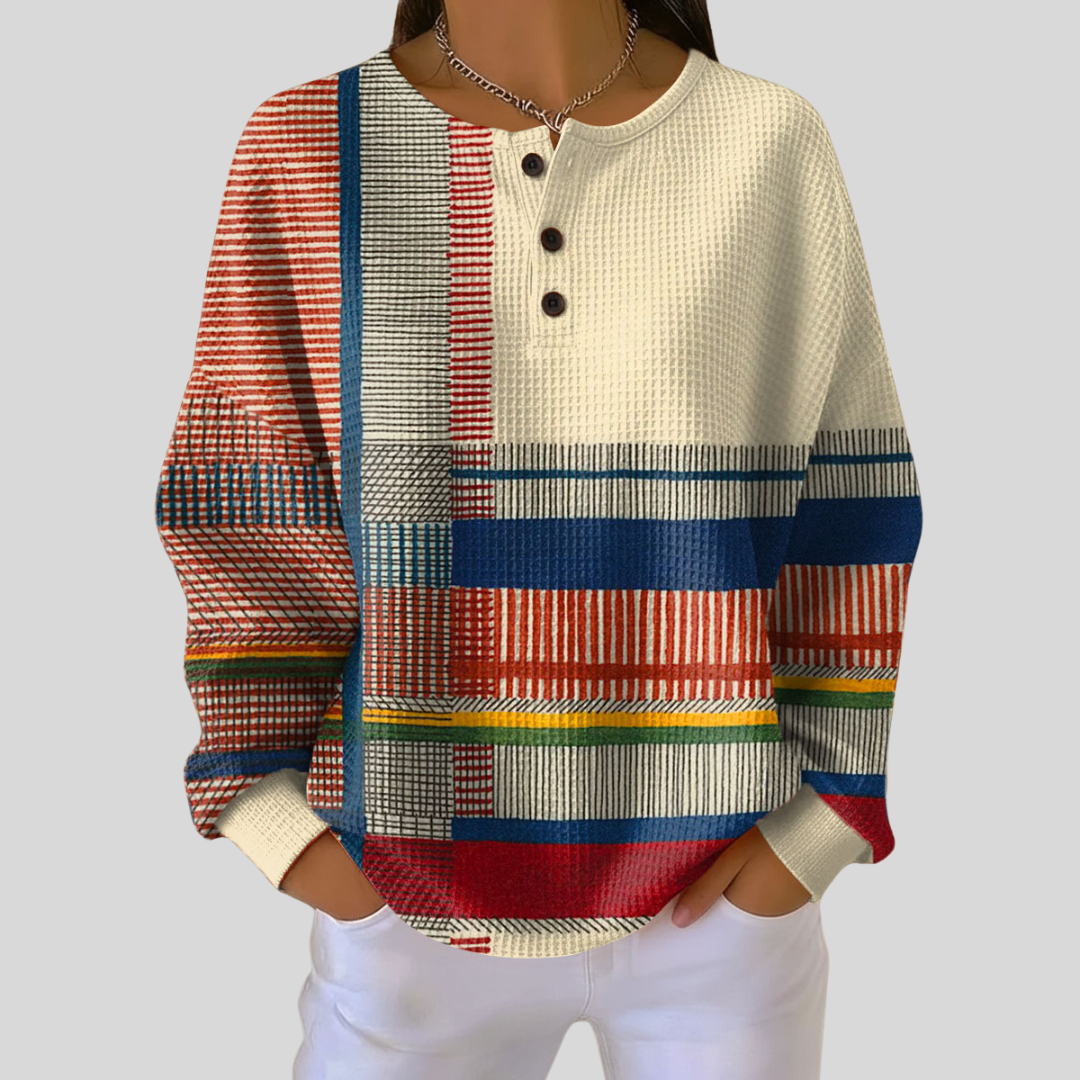 Vivian | Striped Patchwork Waffle Knit Henley Sweatshirt