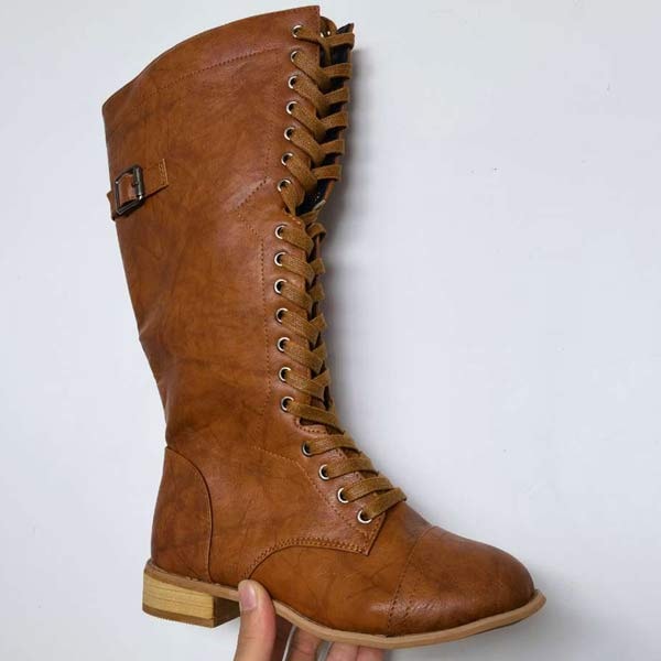 Fia | Women's Knee High Lace Up Boots with Buckle