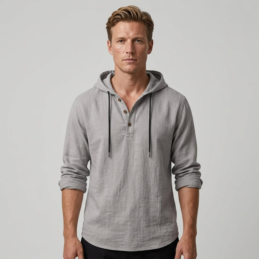 Theo | Men's Hooded Henley Shirt with Drawstring