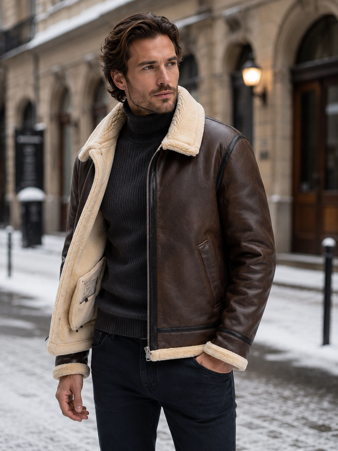 Harrison | Men's Shearling Collar Leather Aviator Jacket