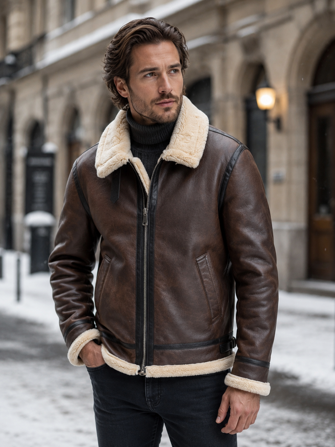 Harrison | Men's Shearling Collar Leather Aviator Jacket