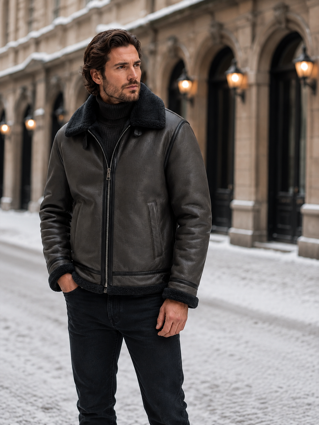 Harrison | Men's Shearling Collar Leather Aviator Jacket