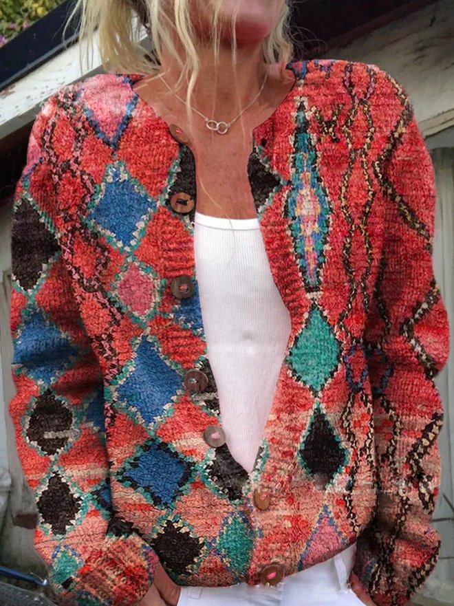 Women’s Printed Button Cardigan Long Sleeve Casual Knit