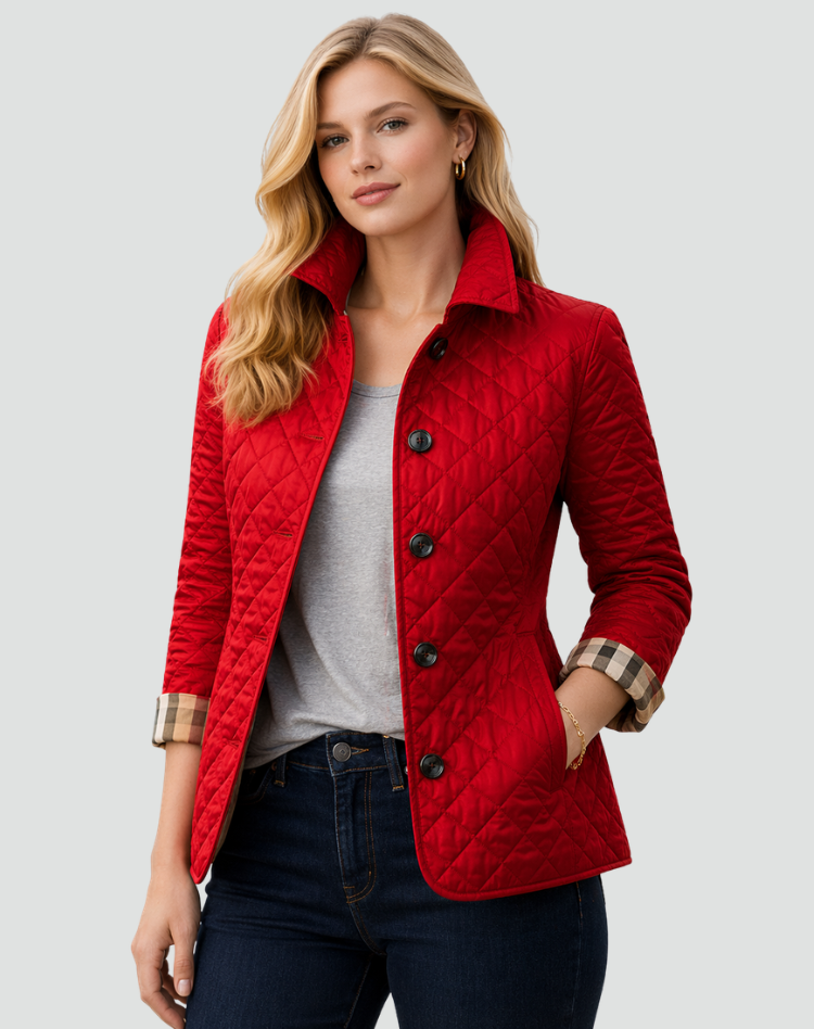 Liora | Women's Quilted Button Front Jacket with Check Trim