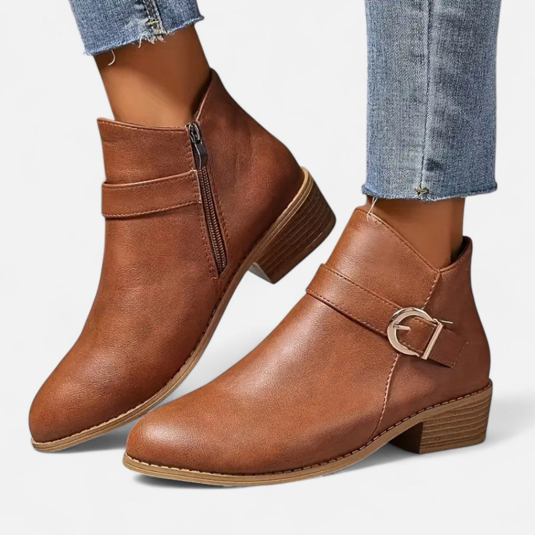 Valmonti | Women’s Ankle Boot – Pointed-Toe Buckle Elegance