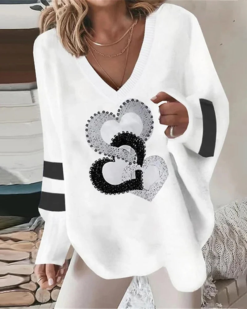 Harlow | Heart Print V Neck Oversized Sweater