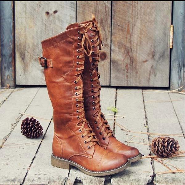 Fia | Women's Knee High Lace Up Boots with Buckle