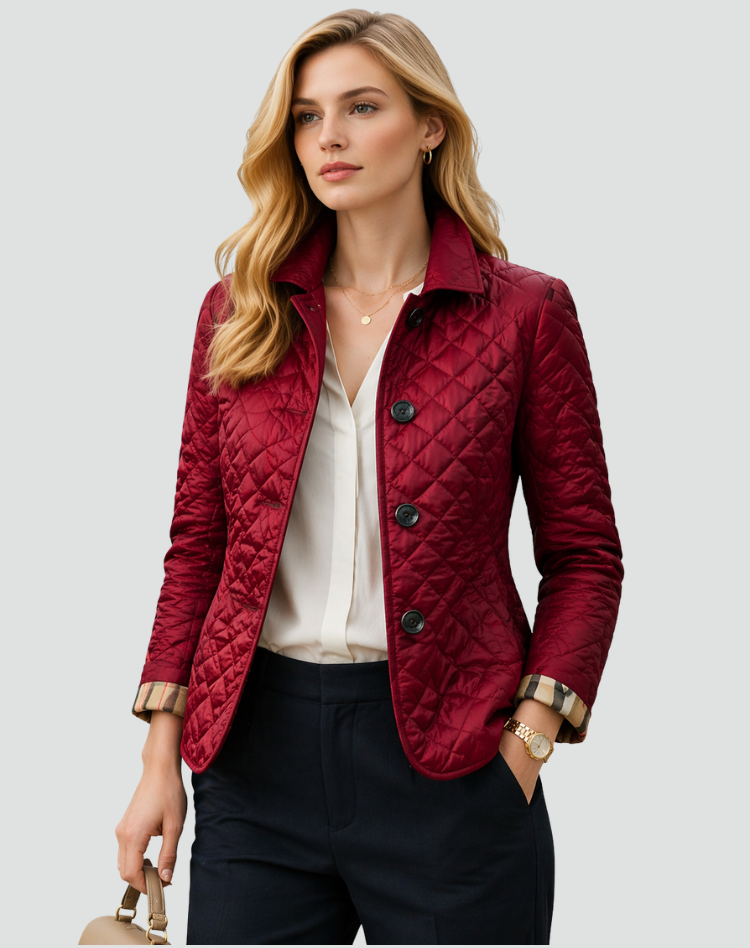 Liora | Women's Quilted Button Front Jacket with Check Trim