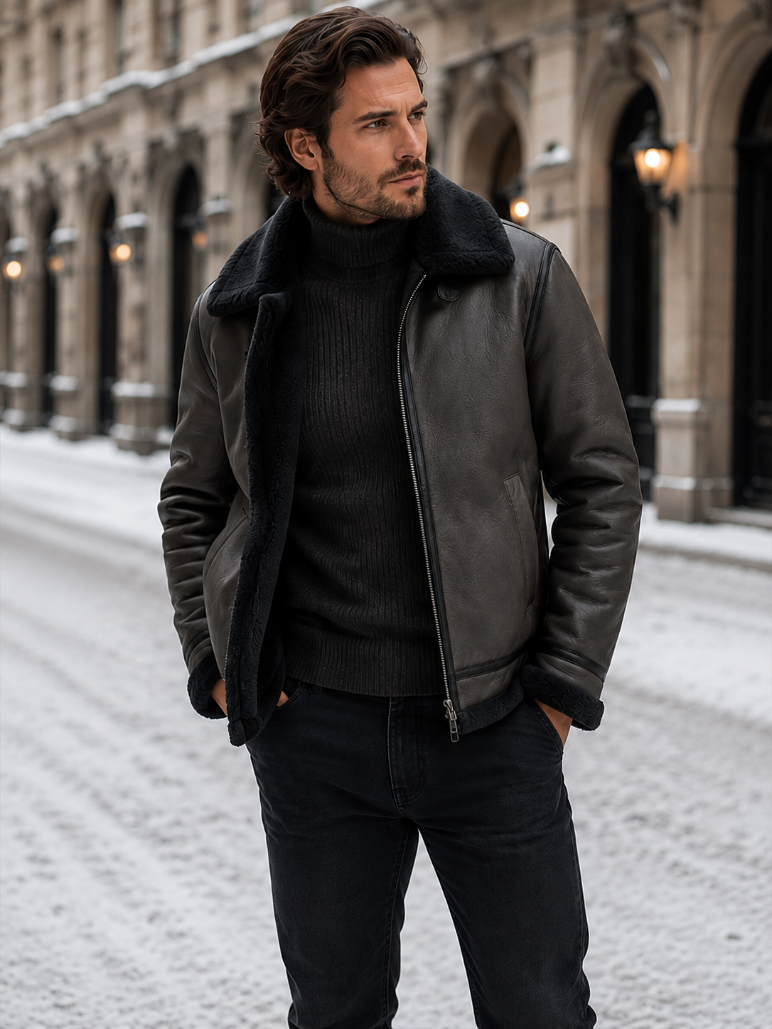 Harrison | Men's Shearling Collar Leather Aviator Jacket