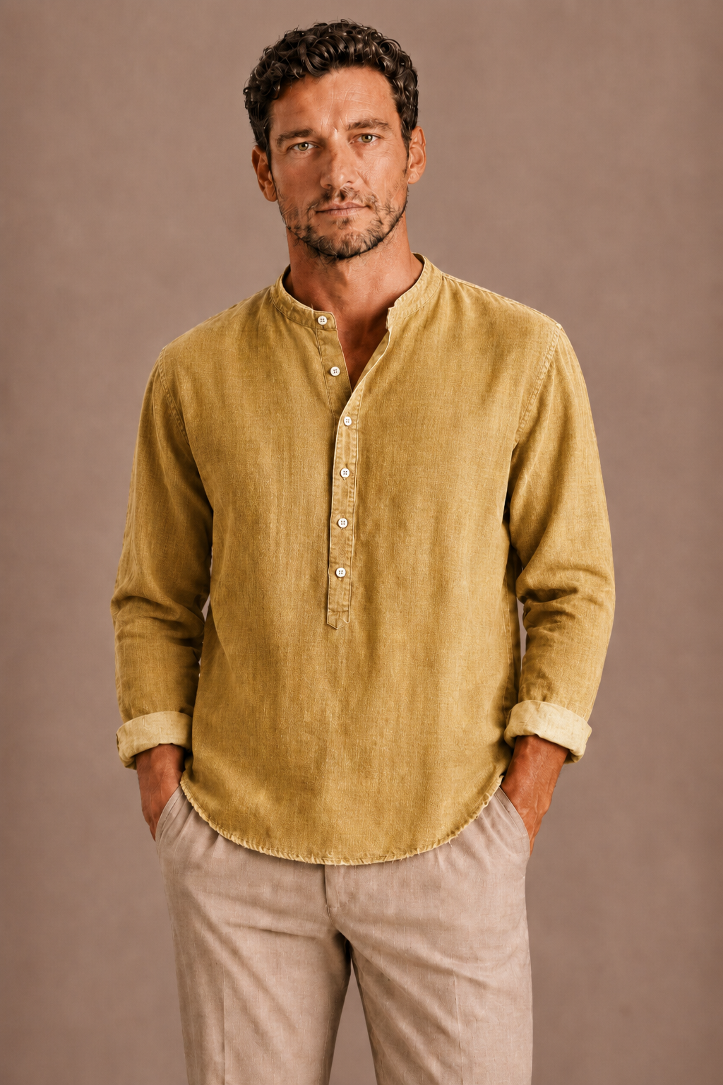 Brody | Men's Linen Band Collar Henley Shirt
