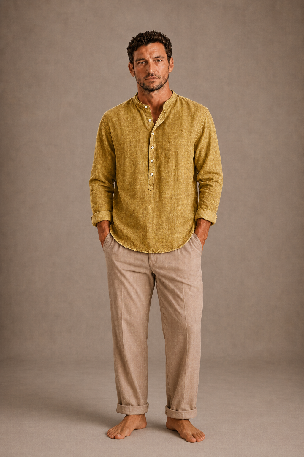Brody | Men's Linen Band Collar Henley Shirt