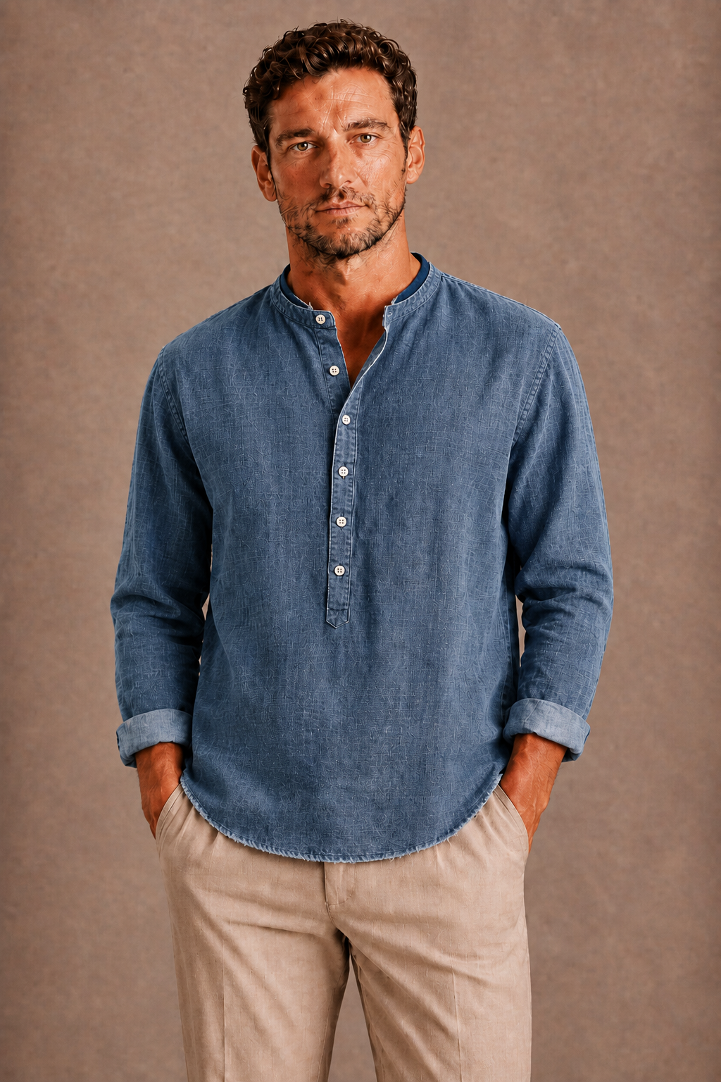 Brody | Men's Linen Band Collar Henley Shirt