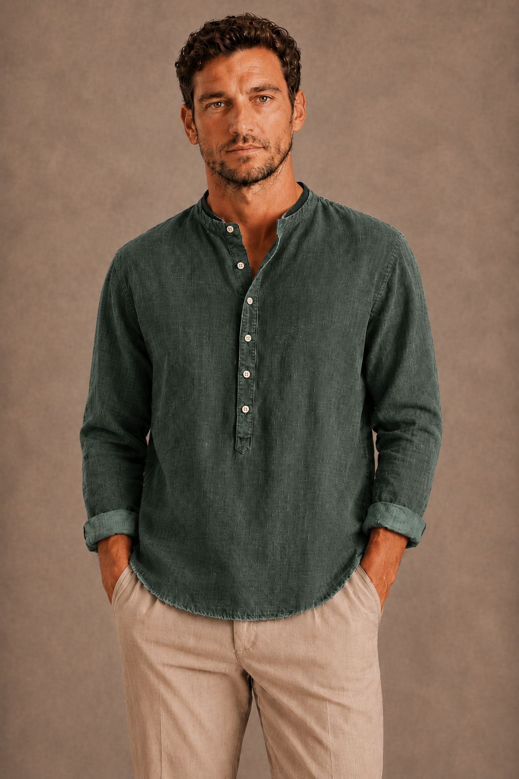 Brody | Men's Linen Band Collar Henley Shirt
