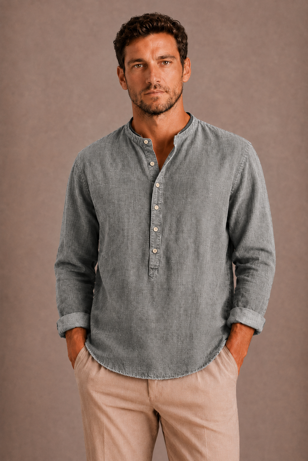Brody | Men's Linen Band Collar Henley Shirt