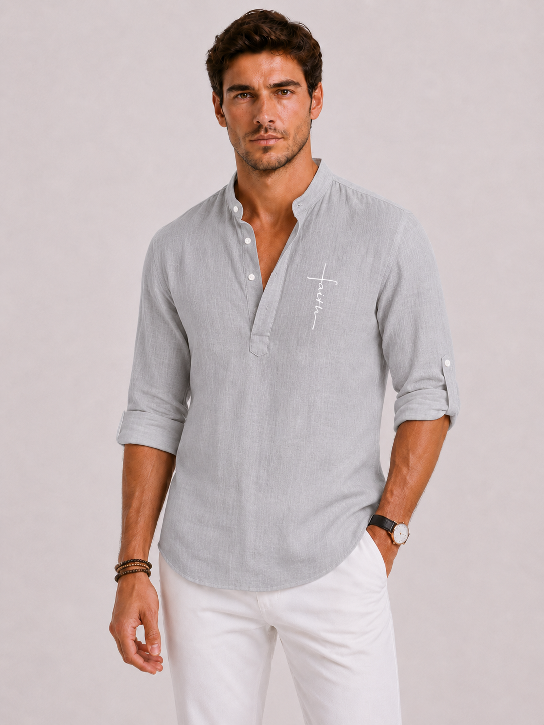Shane | Men's Linen Embroidered Henley Shirt