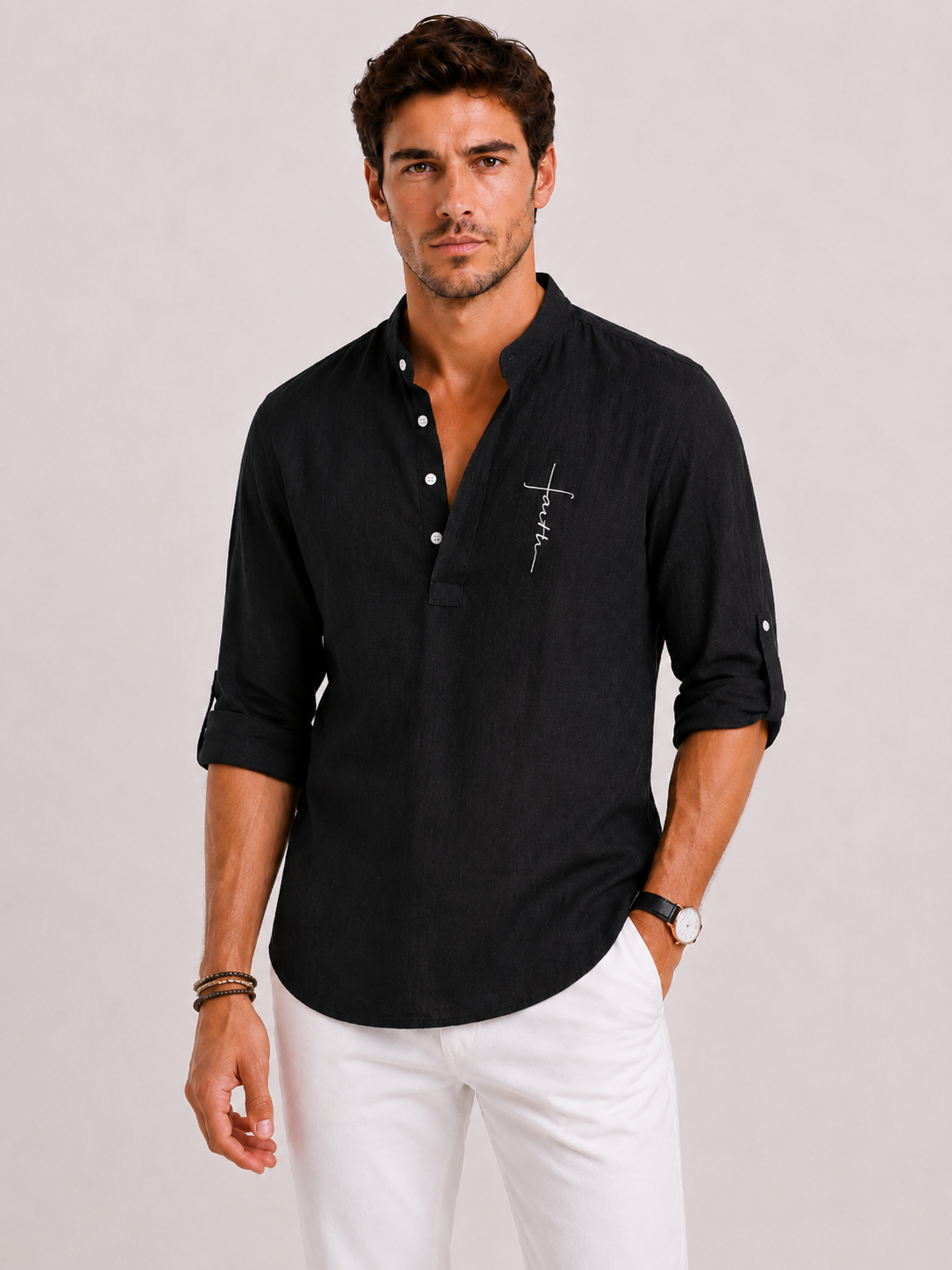 Shane | Men's Linen Embroidered Henley Shirt