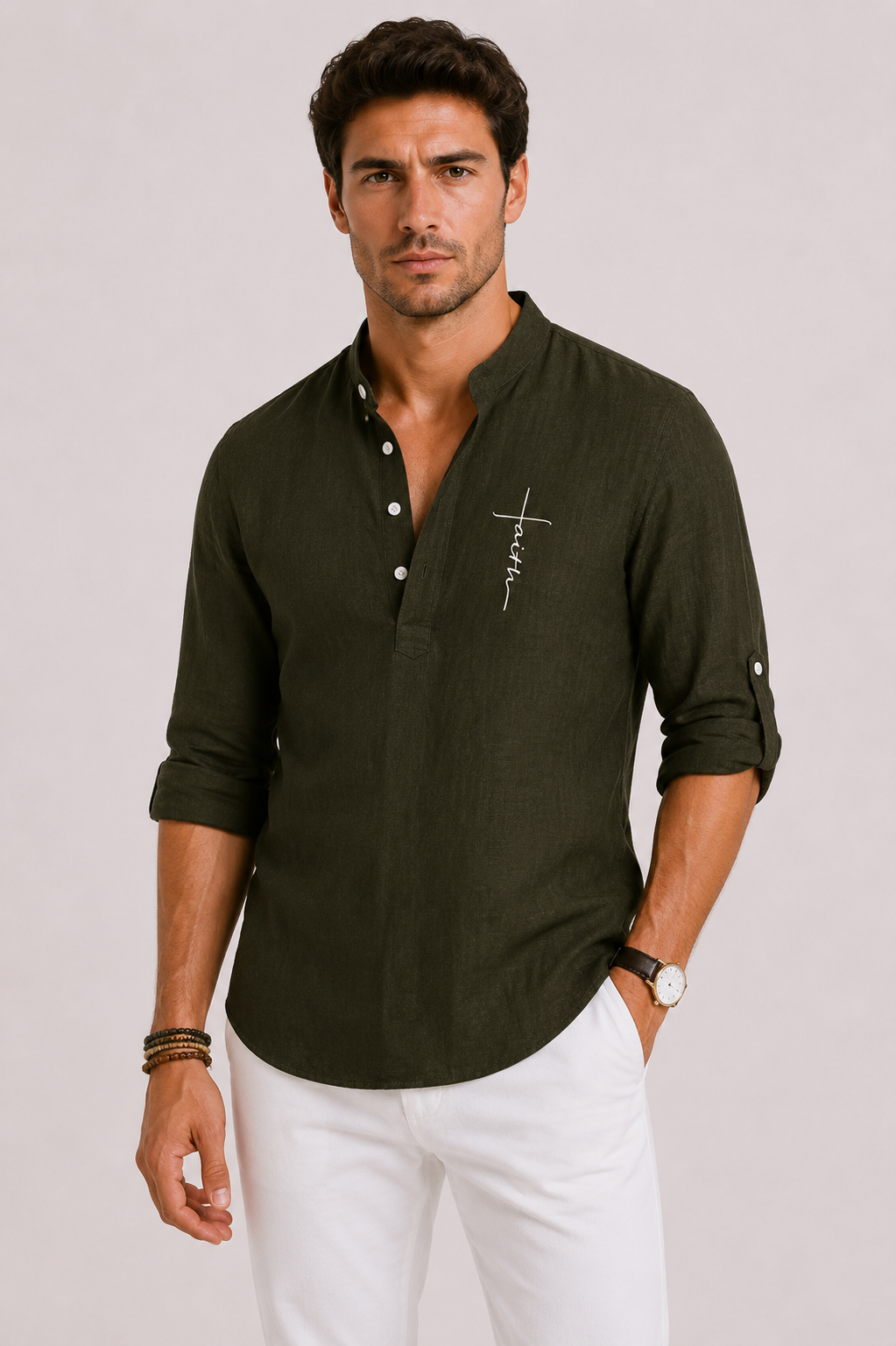 Shane | Men's Linen Embroidered Henley Shirt