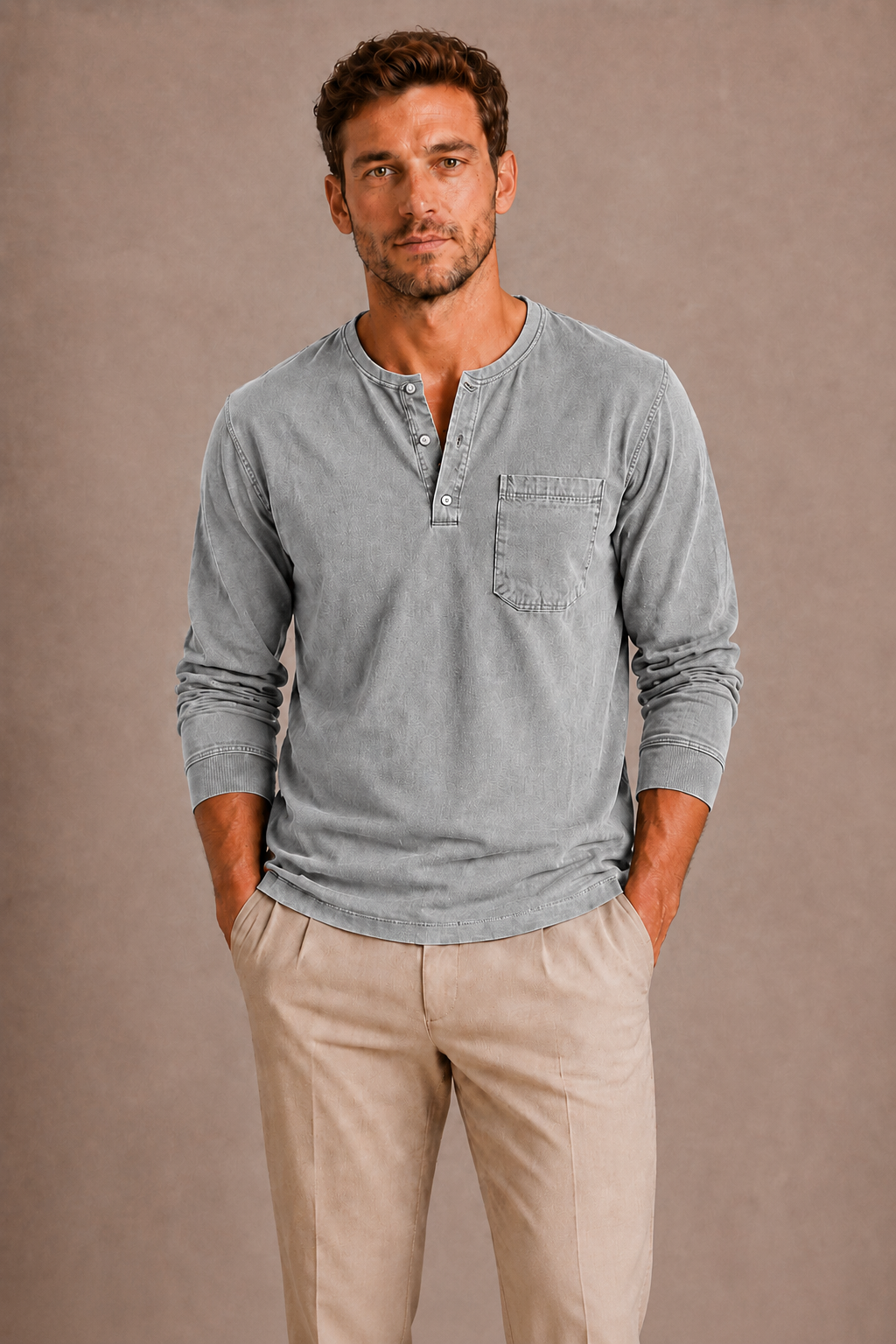 Kai | Men's Long Sleeve Garment Dyed Henley Shirt