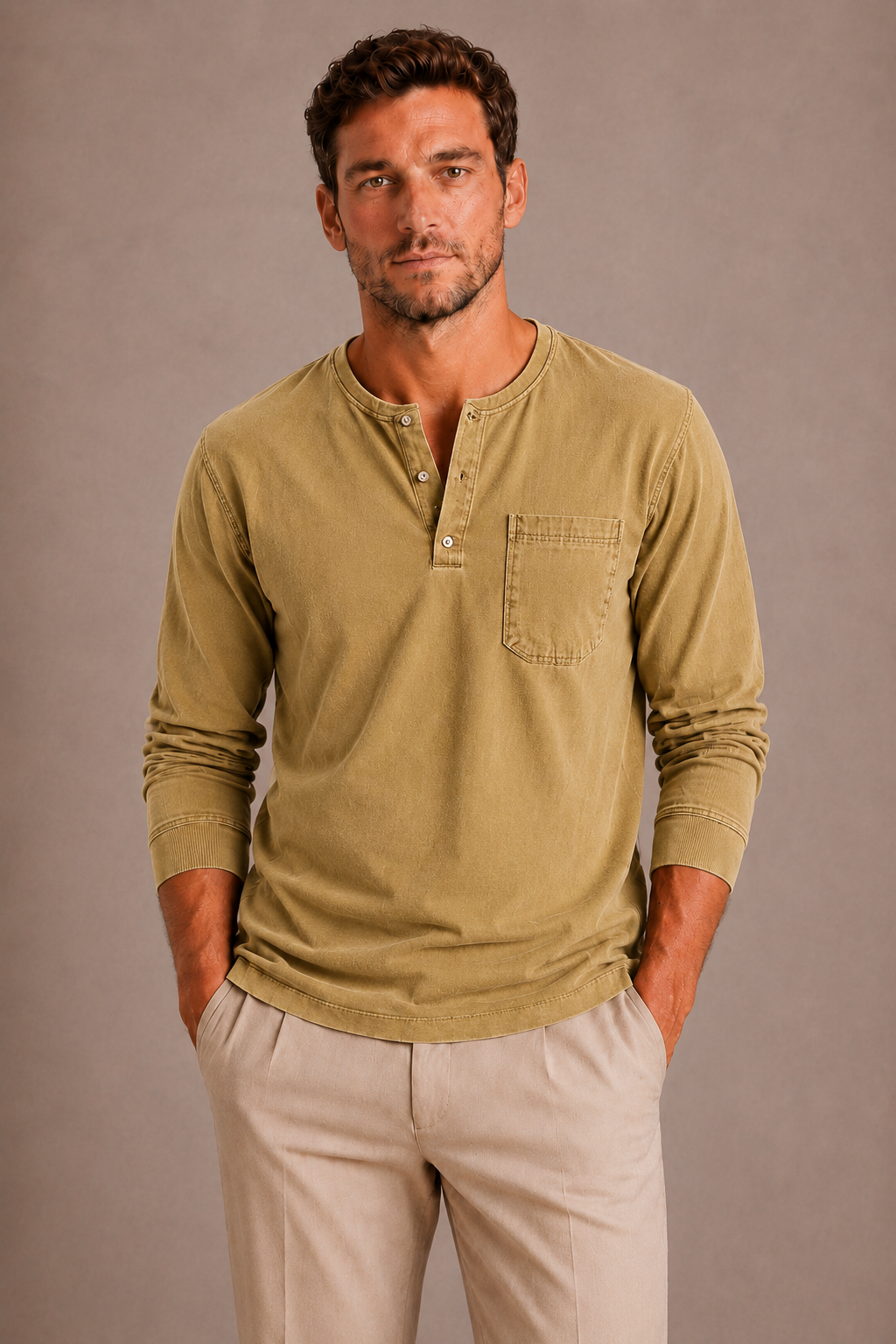 Kai | Men's Long Sleeve Garment Dyed Henley Shirt