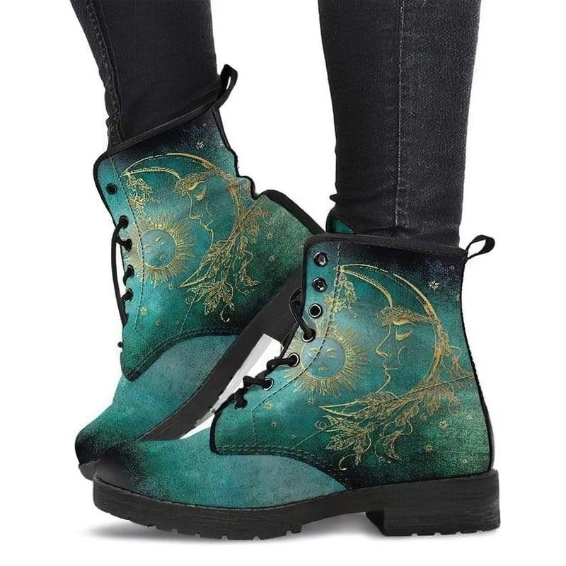 Fiora | Women's Sun and Moon Print Leather Ankle Boots