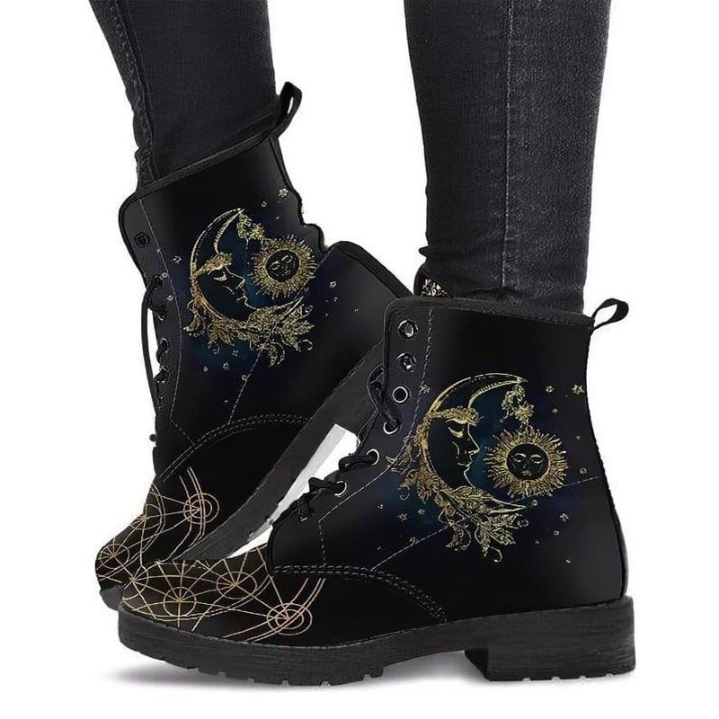Fiora | Women's Sun and Moon Print Leather Ankle Boots