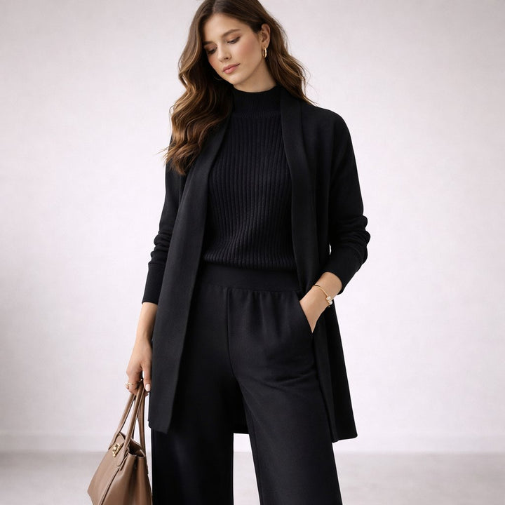 Women’s Soft Knit Travel Set – Three-Piece High-Neck Top Wide-Leg Trousers and Longline Cardigan