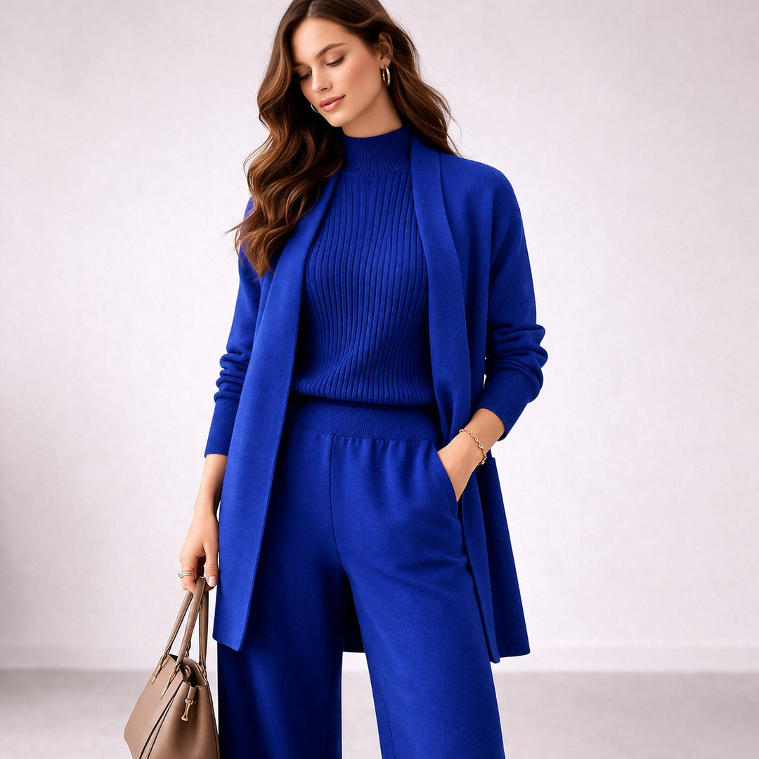 Women’s Soft Knit Travel Set – Three-Piece High-Neck Top Wide-Leg Trousers and Longline Cardigan