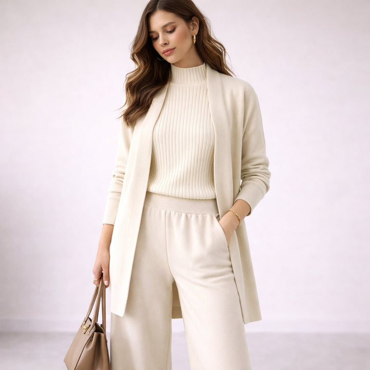 Women’s Soft Knit Travel Set – Three-Piece High-Neck Top Wide-Leg Trousers and Longline Cardigan