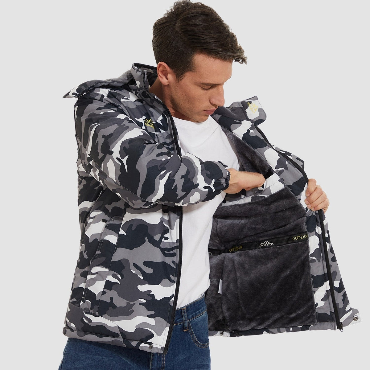 Black Camo MAGCOMSEN Men's Water Resistant Ski Jacket - Fleece Lined Parka in #Color_Black Camo
