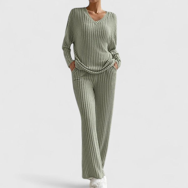 Women’s Ribbed Knit Lounge Set – V-Neck Top and Wide-Leg Trousers for Home and Casual Wear