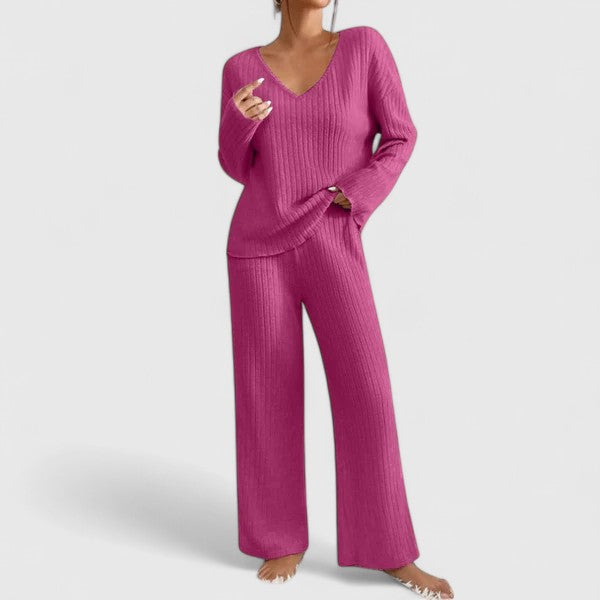 Women’s Ribbed Knit Lounge Set – V-Neck Top and Wide-Leg Trousers for Home and Casual Wear