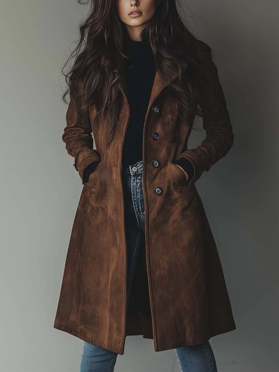Rylee | Women's Suede Longline Button Front Trench Coat