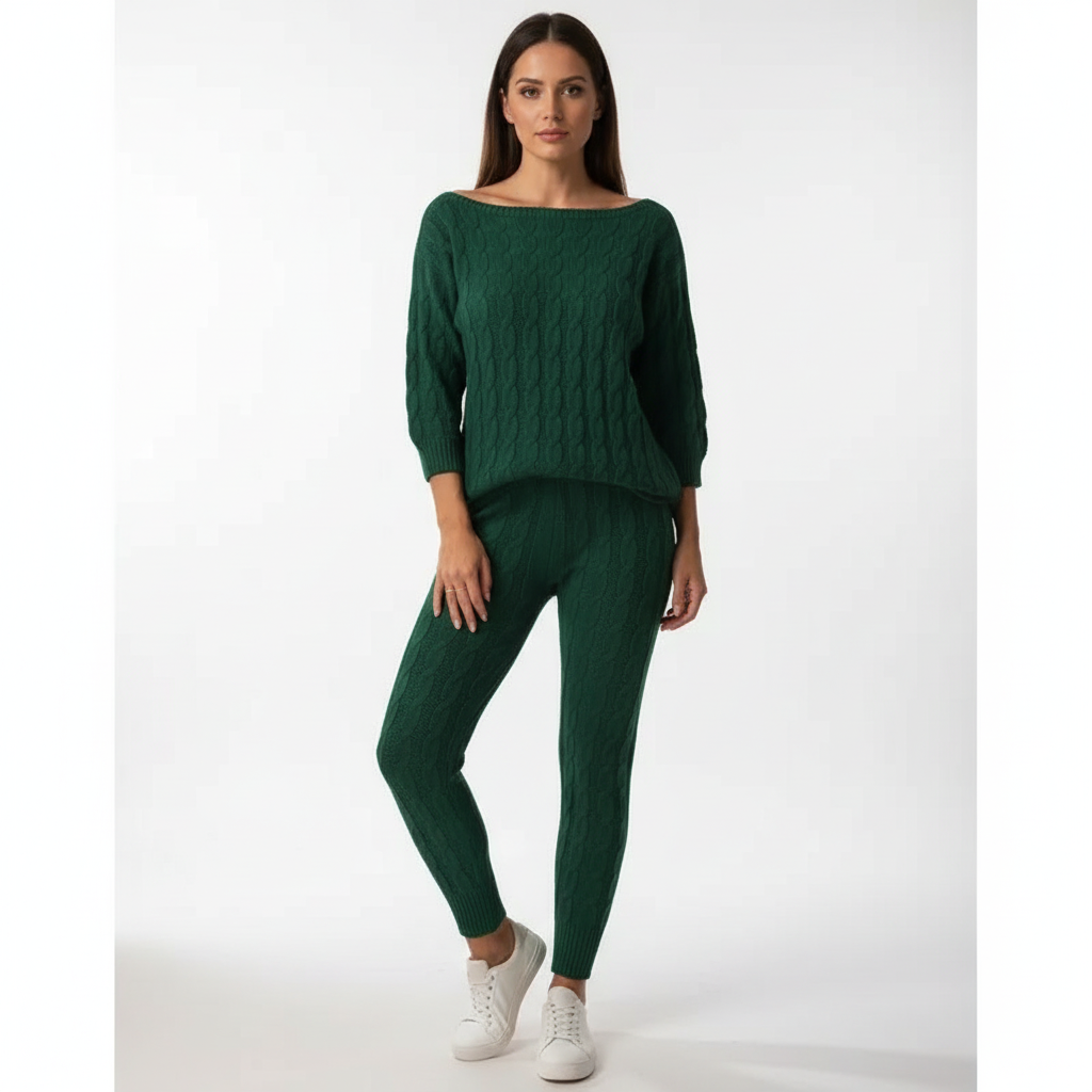 Women’s Cable Knit Loungewear Set – Relaxed Top and Tapered Trousers for Winter