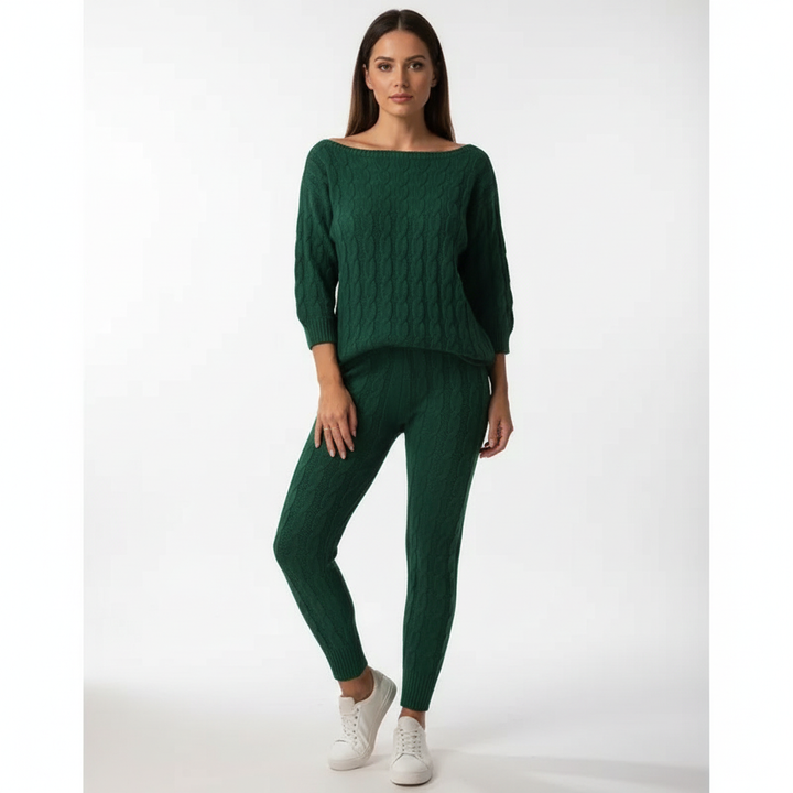 Women’s Cable Knit Loungewear Set – Relaxed Top and Tapered Trousers for Winter