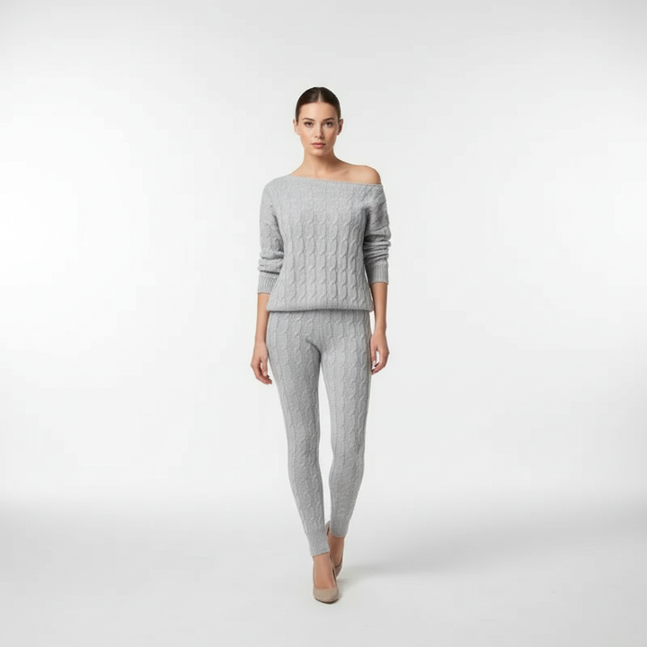 Women’s Cable Knit Loungewear Set – Relaxed Top and Tapered Trousers for Winter