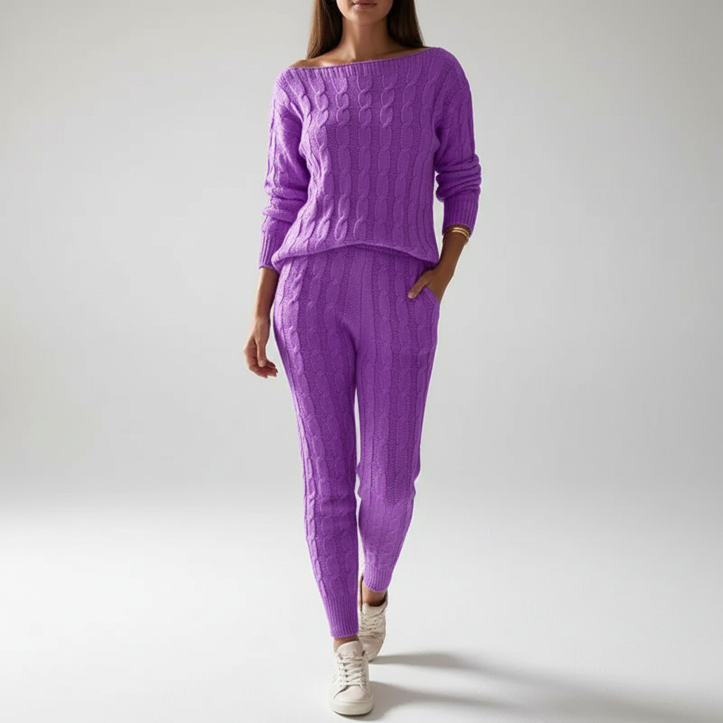 Women’s Cable Knit Loungewear Set – Relaxed Top and Tapered Trousers for Winter