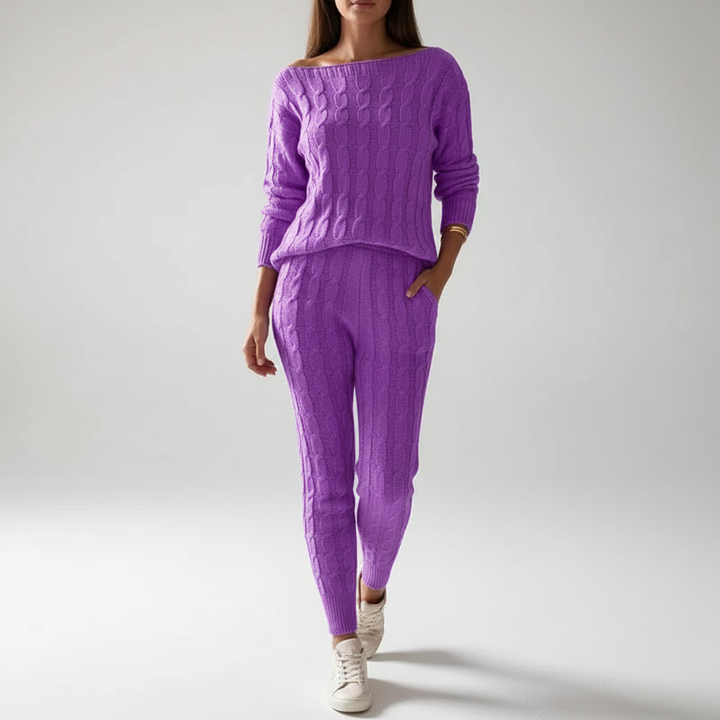 Women’s Cable Knit Loungewear Set – Relaxed Top and Tapered Trousers for Winter