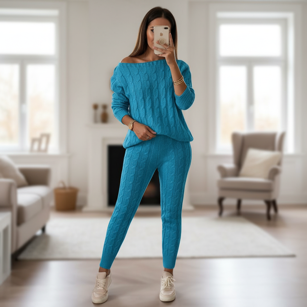 Women’s Cable Knit Loungewear Set – Relaxed Top and Tapered Trousers for Winter