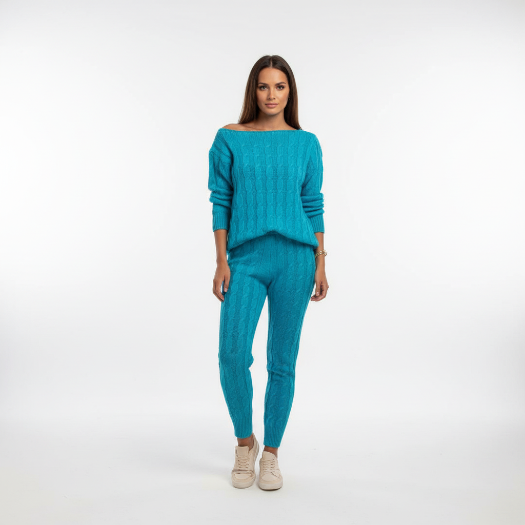 Women’s Cable Knit Loungewear Set – Relaxed Top and Tapered Trousers for Winter
